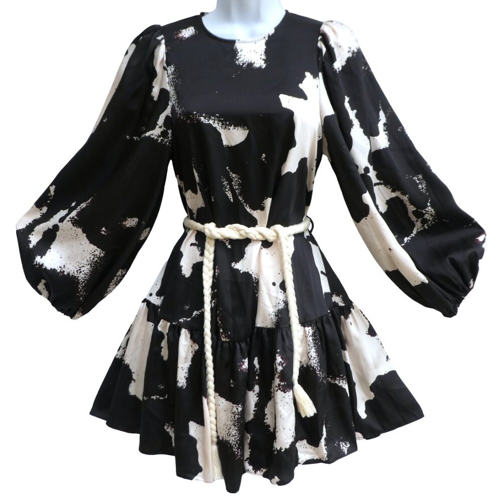 Alexis Target Designer Dress Black White Balloon Sleeves Ruffle Hem Rope Tie XXS